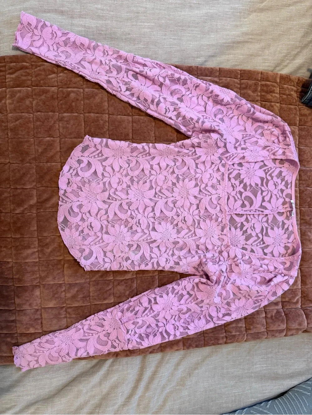 Free PeoplePink Lace Long-Sleeve Square Neck Top